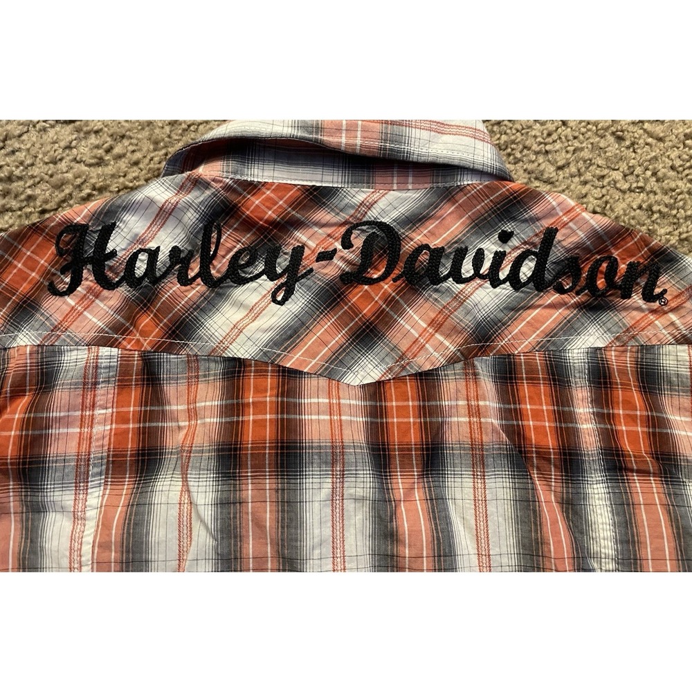 Harley Davidson Short Sleeve Shirt Pearl Snap Orange Logo Women's Medium JBHS - Picture 8 of 10